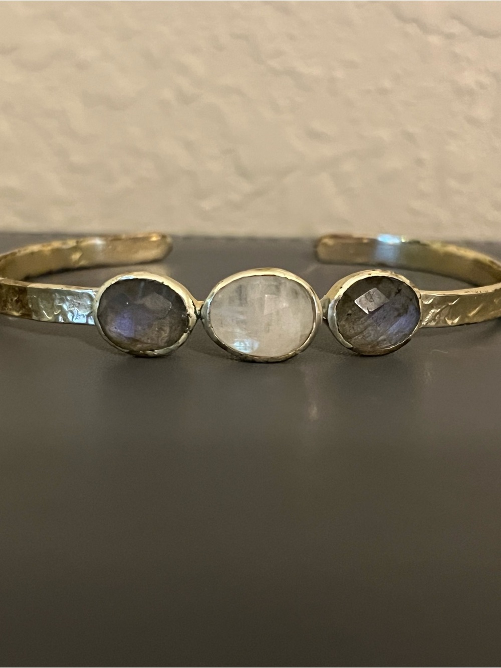 Gold Plated Brass Cuff Bracelet with Moonstone and Labradorite Accents